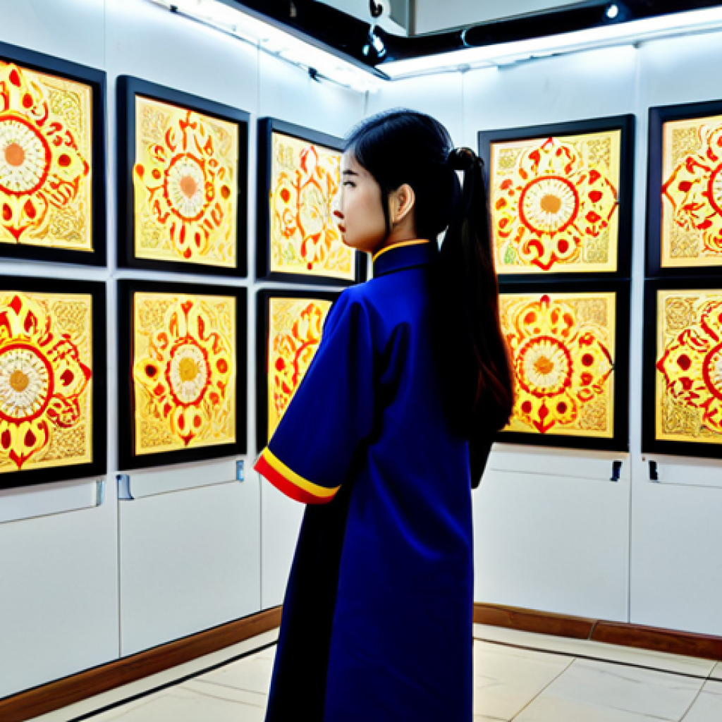 Digital Art Exhibition in Hanoi**

A modern art exhibition in Hanoi showcasing Vietnamese digital artists, featuring vibrant displays and diverse styles, with visitors admiring the artwork. Incorporate traditional Vietnamese patterns subtly into the digital displays. Focus on the fusion of traditional culture and modern technology. Perfect lighting, high resolution, professional photography. Safe for work, appropriate content, fully clothed.

**