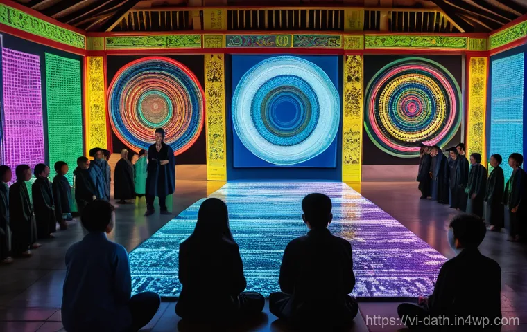 데이터 아트의 윤리적 고려사항 - **Prompt: The Digital Footprint Tapestry**
    Visualize a diverse group of adults, each fully dress...