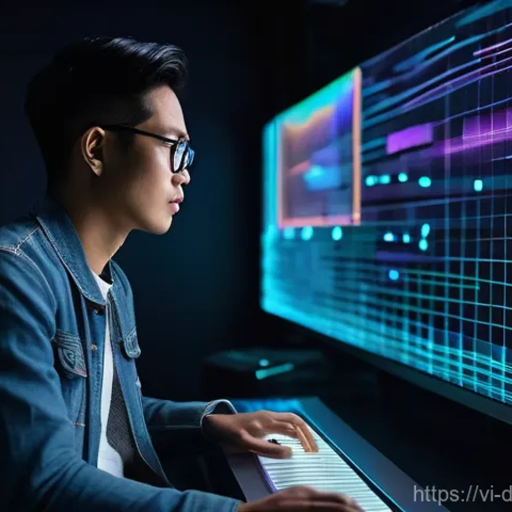 데이터 기반 음악과 예술의 연계 - **Prompt:** A young, modern Vietnamese music producer, wearing stylish yet casual attire, sits at a ...