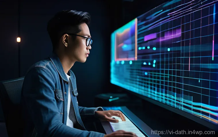 데이터 기반 음악과 예술의 연계 - **Prompt:** A young, modern Vietnamese music producer, wearing stylish yet casual attire, sits at a ...