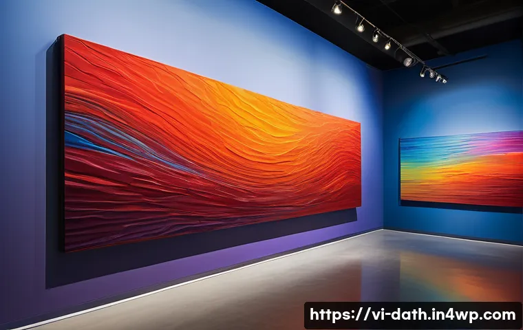 데이터 분석을 통한 예술 작품 평가 방법 - A vibrant abstract painting showcasing a dynamic interplay of warm and cool colors, featuring domina...