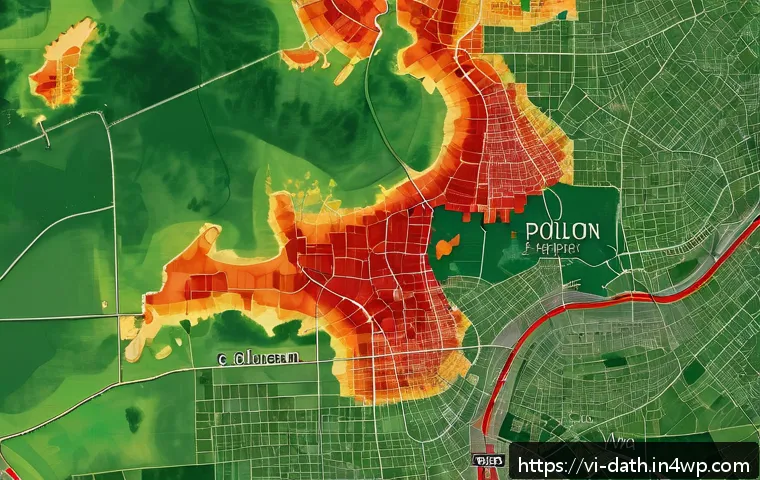 데이터 시각화를 활용한 사회적 이슈 표현 - A detailed interactive heatmap of air pollution levels across Hanoi, Vietnam, showing varying intens...