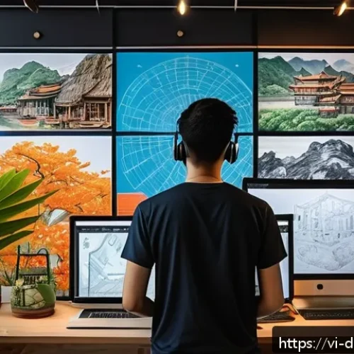 Home 33 데이터를 통한 예술적 영감 찾기 - A modern Vietnamese digital artist’s studio filled with multiple large screens displaying colorful, ...