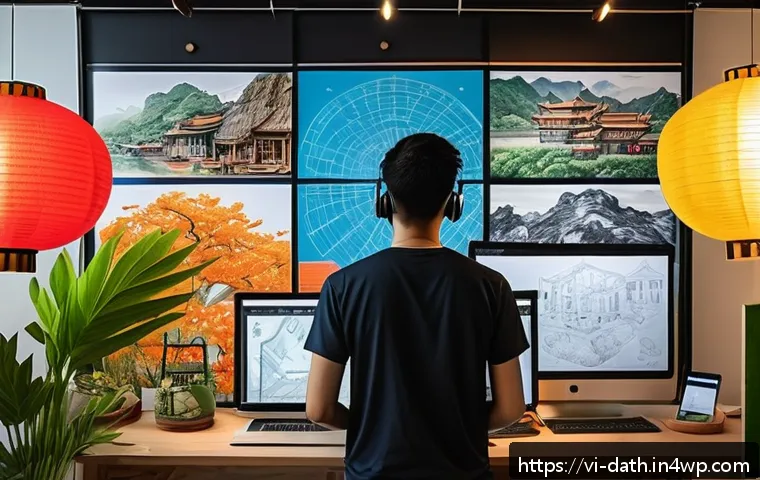 데이터를 통한 예술적 영감 찾기 - A modern Vietnamese digital artist’s studio filled with multiple large screens displaying colorful, ...