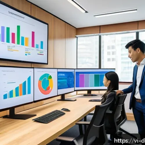 Home 17 데이터 시각화 소프트웨어 비교 - A modern office environment with a diverse group of young professionals collaborating around a large...