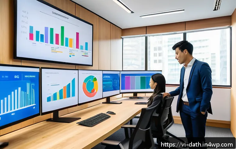 데이터 시각화 소프트웨어 비교 - A modern office environment with a diverse group of young professionals collaborating around a large...