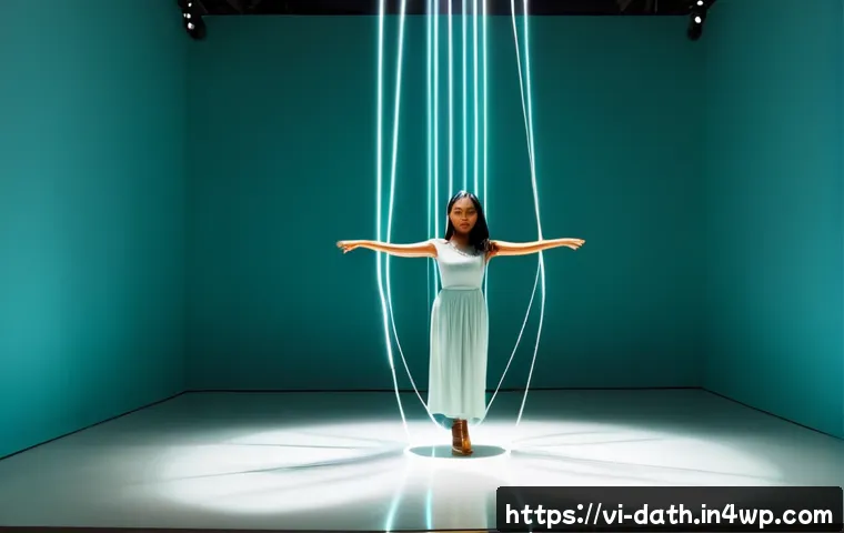 Home 15 데이터 기반 퍼포먼스 아트의 매력 - Photorealistic contemporary performance art in a modern Hanoi gallery, a Vietnamese dancer in elegan...